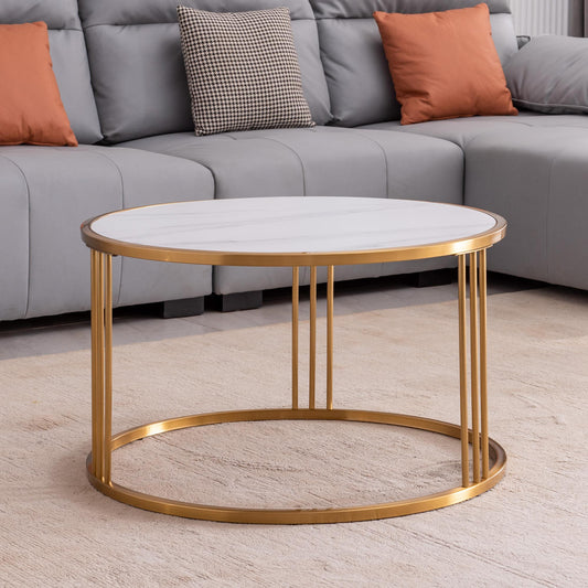 Slate round coffee table with golden stainless steel frame - FurniFindUSA