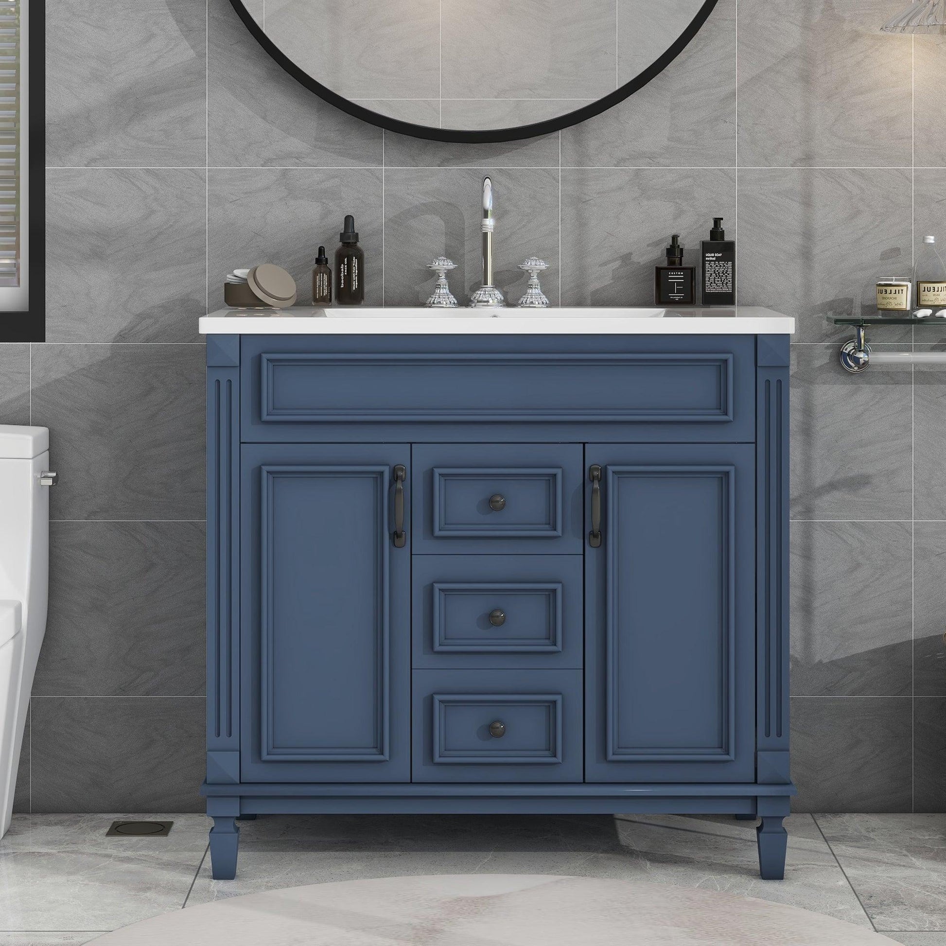 36 inch blue bathroom vanity with top sink, 2 soft doors and 2 drawers, single sink bathroom vanity - FurniFindUSA