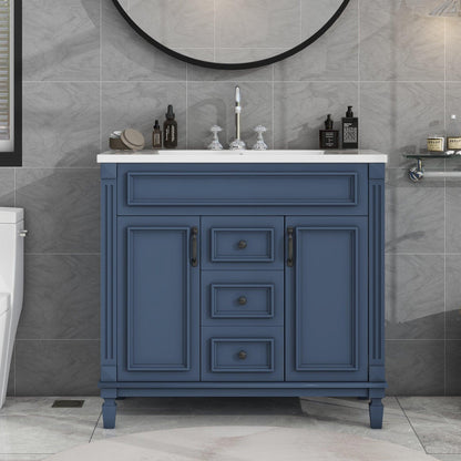 36 inch blue bathroom vanity with top sink, 2 soft doors and 2 drawers, single sink bathroom vanity - FurniFindUSA