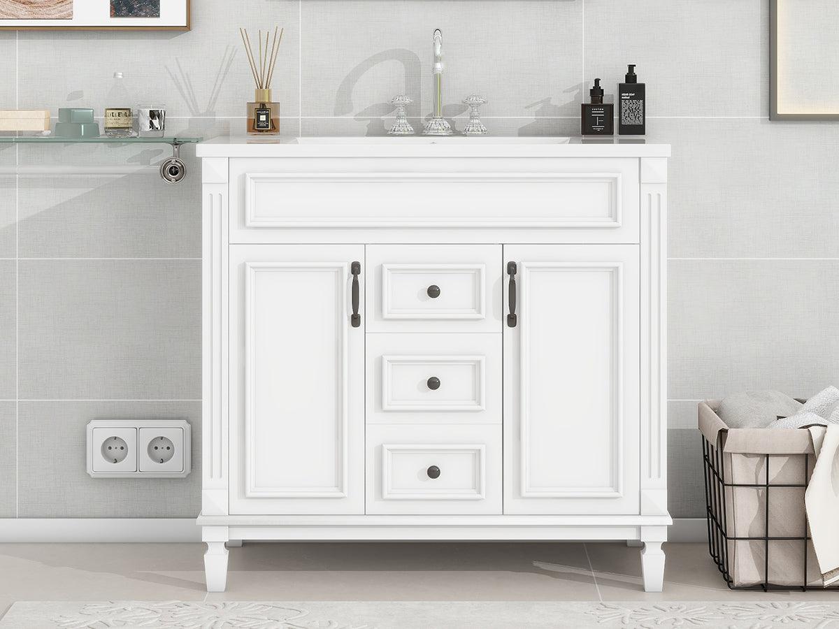 36 inch white bathroom vanity with top sink, equipped with 2 soft closing doors and 2 drawers, bathroom storage cabinet, single - FurniFindUSA