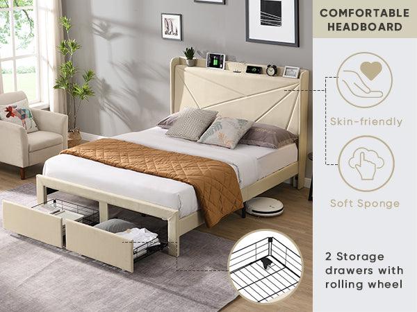 Full Size Bed Frame with 2 Storage Drawers Upholstered Bed Frame Beige - FurniFindUSA