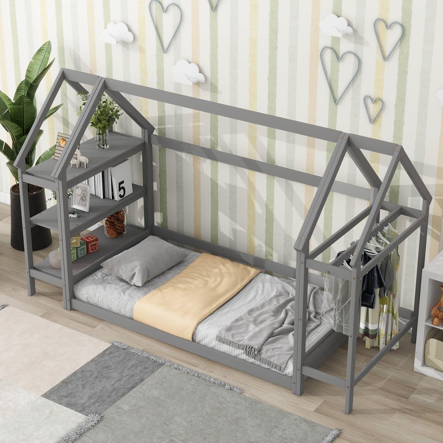 Twin House-Shaped Floor Bed with 2 Detachable Stands Grey - FurniFindUSA