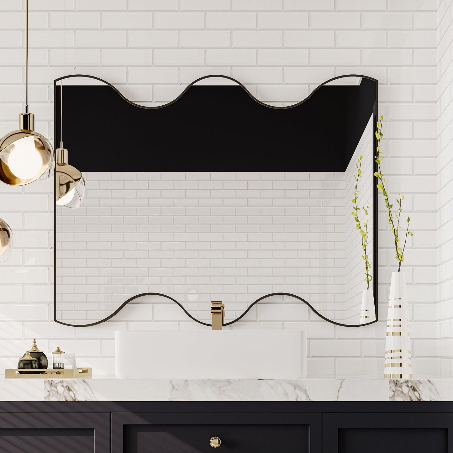 Wall Mirror 30x35 Inch Black Rectangular Mirror with 2 Wavy Sides Metal Framed Mirror Vanity Mirror Dressing Mirror - FurniFindUSA