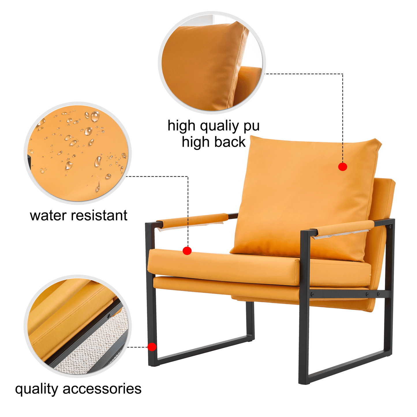 PU Leather Accent Arm Chair Mid Century Upholstered Armchair with Metal Frame Extra-Thick Padded Backrest - FurniFindUSA