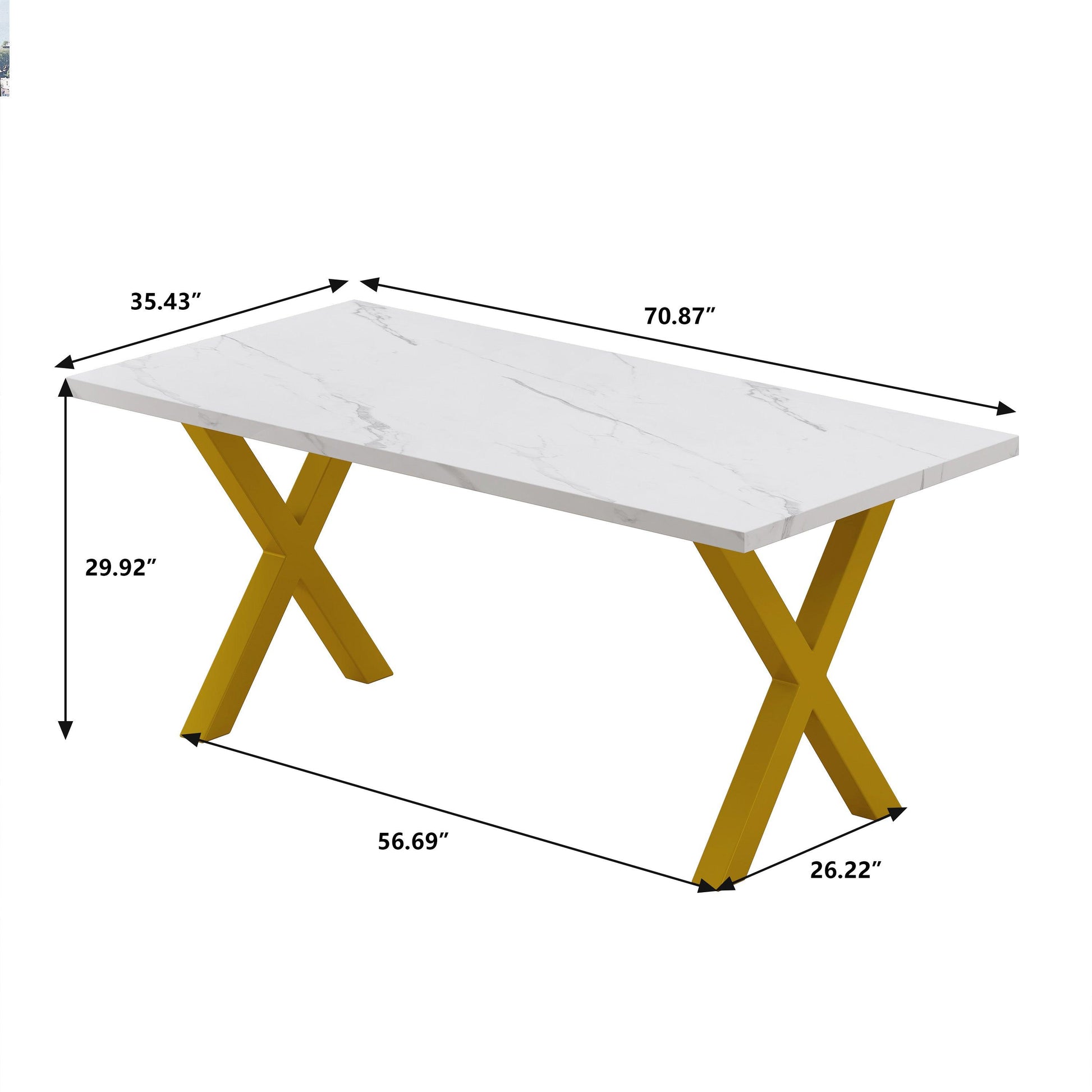70.87"Modern Square Dining Table with Printed White Marble Table Top+Gold X-Shape Table Leg - FurniFindUSA