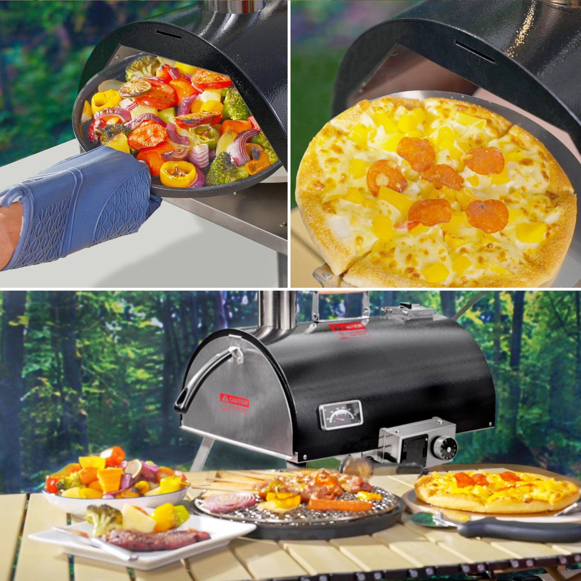 Black Pizza Oven Outdoor 12" Automatic Rotatable Pizza Ovens Portable Stainless Steel Wood Fired Pizza Oven Pizza Maker - FurniFindUSA