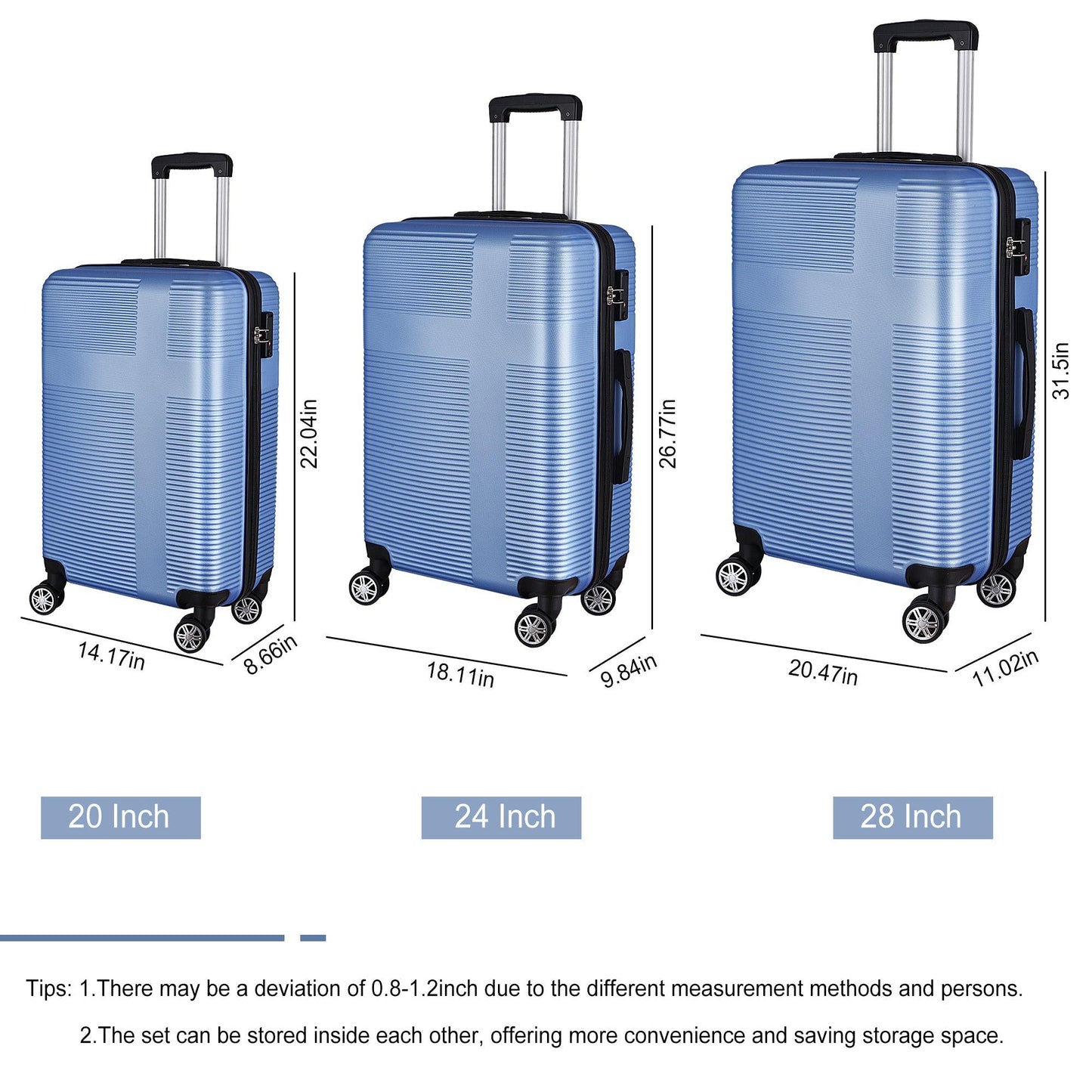 3 Piece Luggage with TSA Lock ABS, Durable Luggage Set, Spinner Wheels Cross Stripe Luggage Sets 20in/24in /28in Light Blue - FurniFindUSA