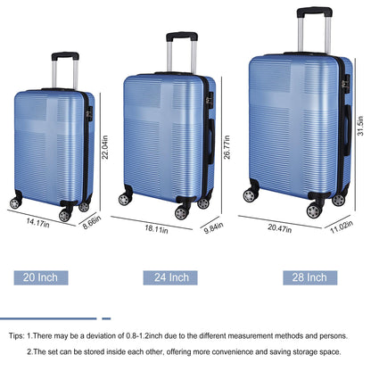 3 Piece Luggage with TSA Lock ABS, Durable Luggage Set, Spinner Wheels Cross Stripe Luggage Sets 20in/24in /28in Light Blue - FurniFindUSA