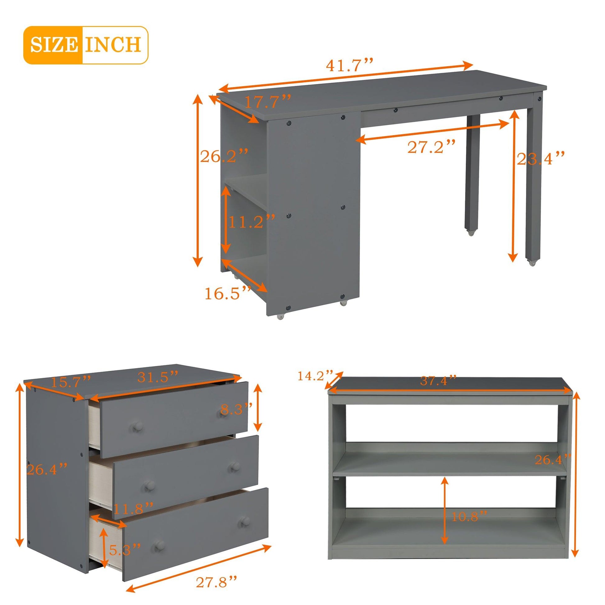 Low Study Twin Loft Bed with Cabinet and Rolling Portable Desk - Gray - FurniFindUSA