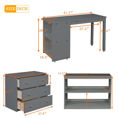 Low Study Twin Loft Bed with Cabinet and Rolling Portable Desk - Gray - FurniFindUSA