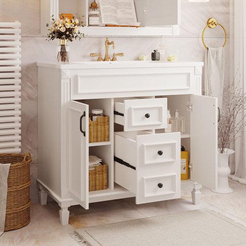 36 inch white bathroom vanity with top sink, equipped with 2 soft closing doors and 2 drawers, bathroom storage cabinet, single - FurniFindUSA