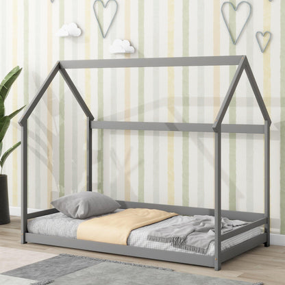 Twin House-Shaped Floor Bed with 2 Detachable Stands Grey - FurniFindUSA