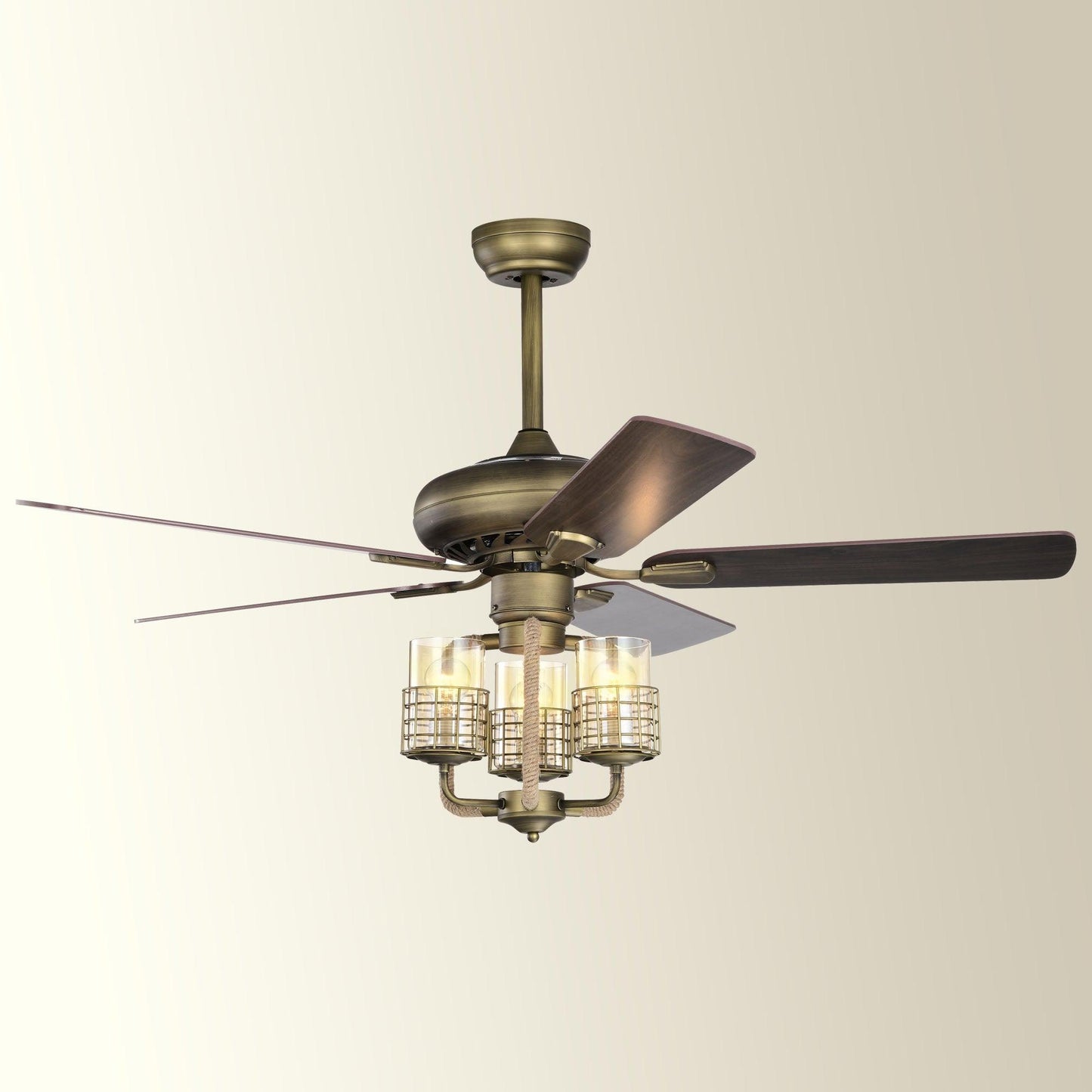 52inch Bronze Metal 3 Lights Ceiling Fan with 5 Wood Blades, Two-color fan blade, AC Motor, Remote Control, Reversible Airflow - FurniFindUSA