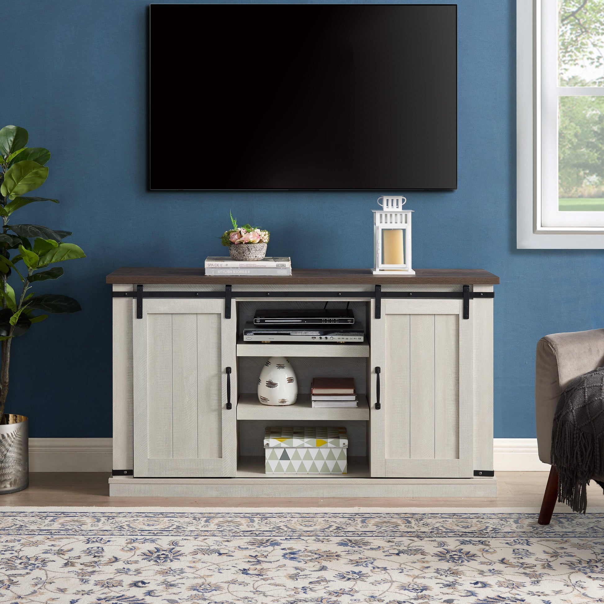 Classic Farmhouse Media TV Stand Transitional Entertainment Console for TV Up to 60" with Sliding Doors - FurniFindUSA