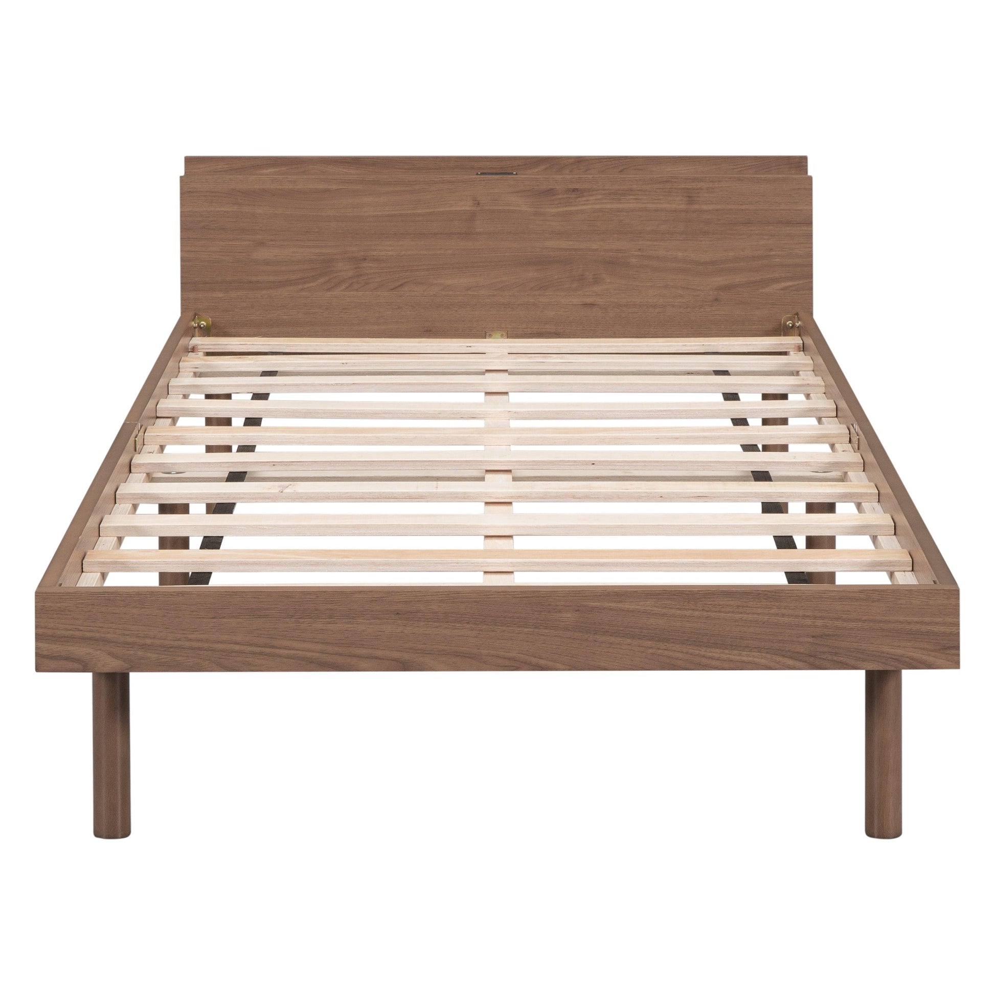 Modern Design Twin Size Platform Bed Frame with Built-in USB port for Walnut Color - FurniFindUSA