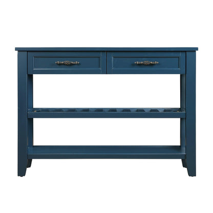 Console Sofa Table with 2 Storage Drawers and 2 Tiers Shelves Mid-Century Style 42'' Solid Wood Buffet Sideboard Navy Blue - FurniFindUSA