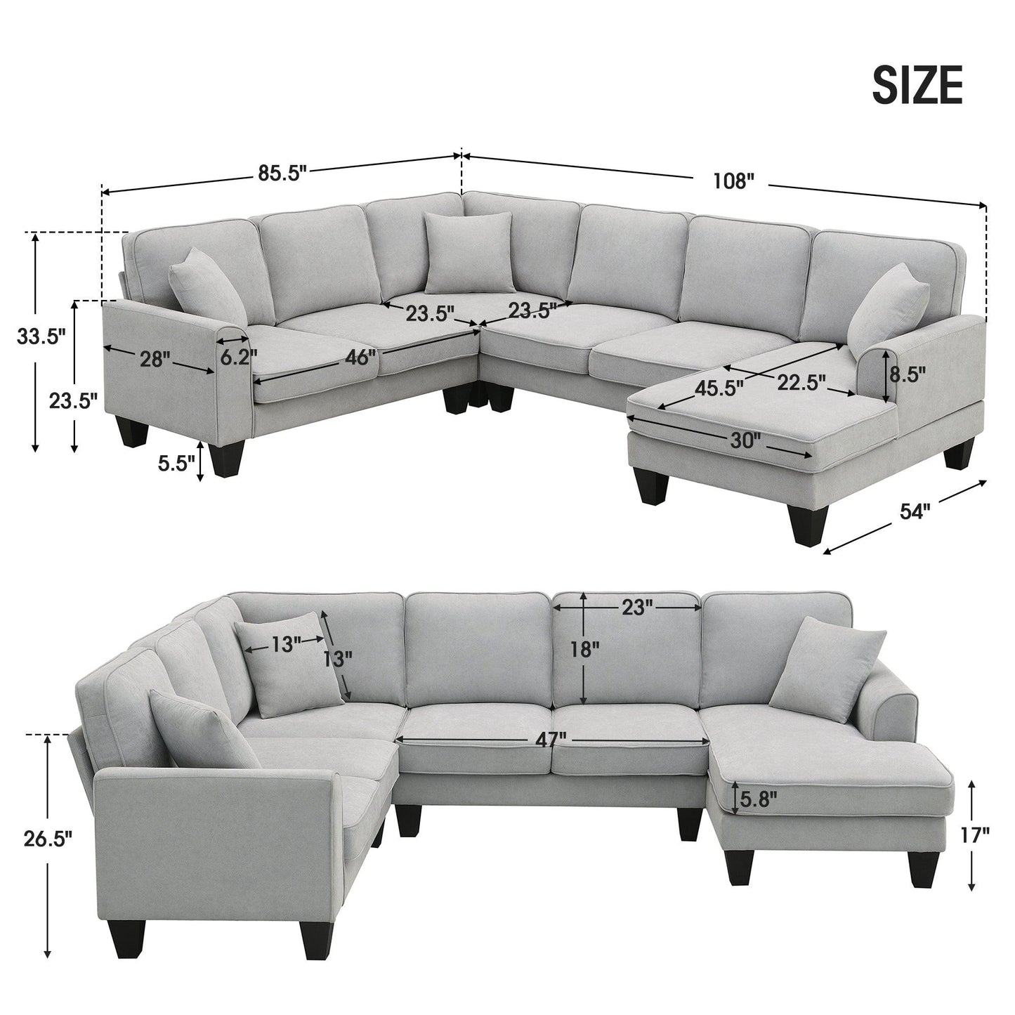 108*85.5" Modern U Shape Sectional Sofa 7 Seat Fabric Sectional Sofa Set - FurniFindUSA