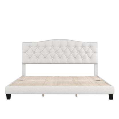 Upholstered Platform Bed with Saddle Curved Headboard and Diamond Tufted Details King Beige - FurniFindUSA