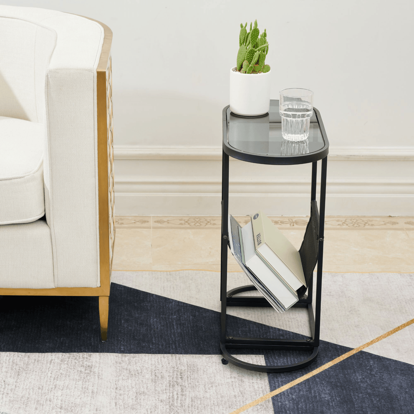 Glass Oval Small Side Tables Living Room Small Space With Magazines Organizer Storage Space - FurniFindUSA