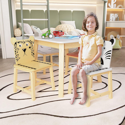 5 Piece Kiddy Table and Chair Set Kids Wood Table with 4 Chairs Set Cartoon Animals (bigger table) (3-8 years old) - FurniFindUSA