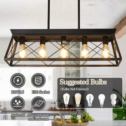 5-Light Farmhouse Chandeliers for Dining Room Metal Rustic Pendant Island Light Modern Rectangular Island Lights (No Bulbs) - FurniFindUSA