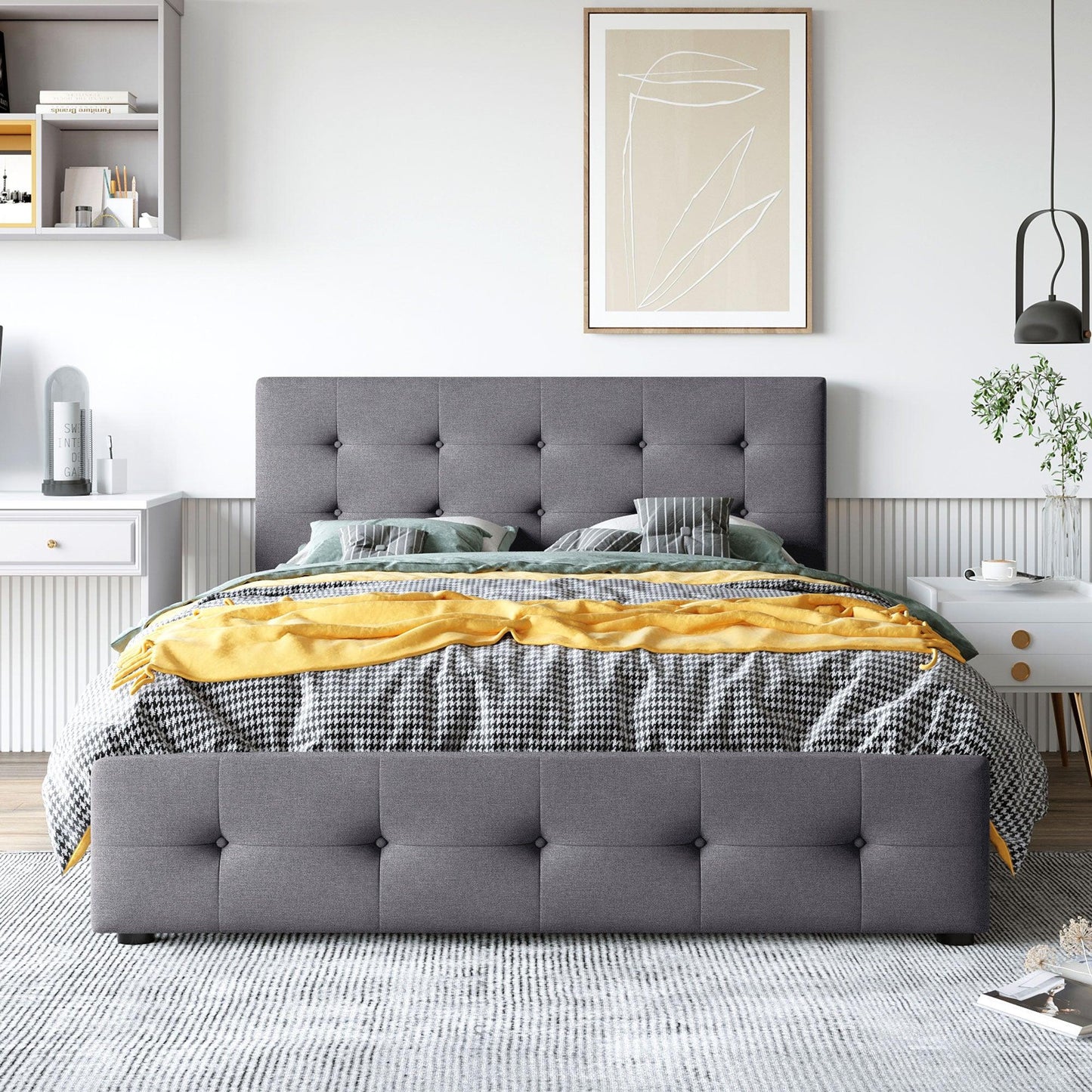 Upholstered Platform Bed with Classic Headboard and 4 Drawers No Box Spring Needed Linen Fabric Queen Size Dark gray - FurniFindUSA