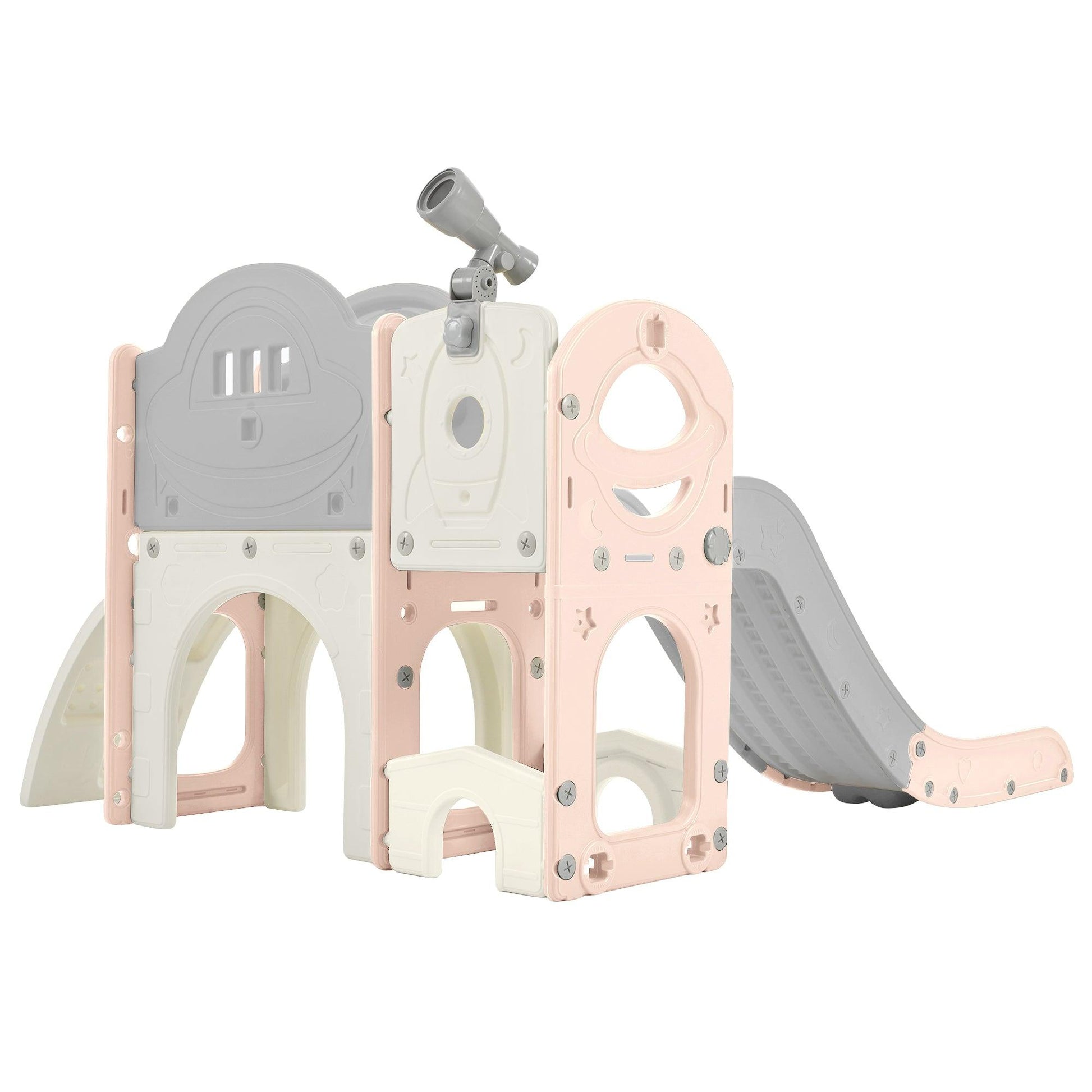 Kids Slide Playset Structure 7 in 1, Freestanding Spaceship Set with Slide, Arch Tunnel Pink+Grey + HDPE - FurniFindUSA