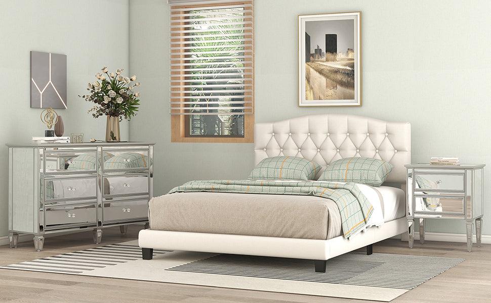 Upholstered Platform Bed with Saddle Curved Headboard and Diamond Tufted Details King Beige - FurniFindUSA