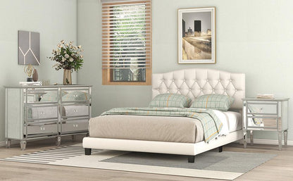 Upholstered Platform Bed with Saddle Curved Headboard and Diamond Tufted Details King Beige - FurniFindUSA