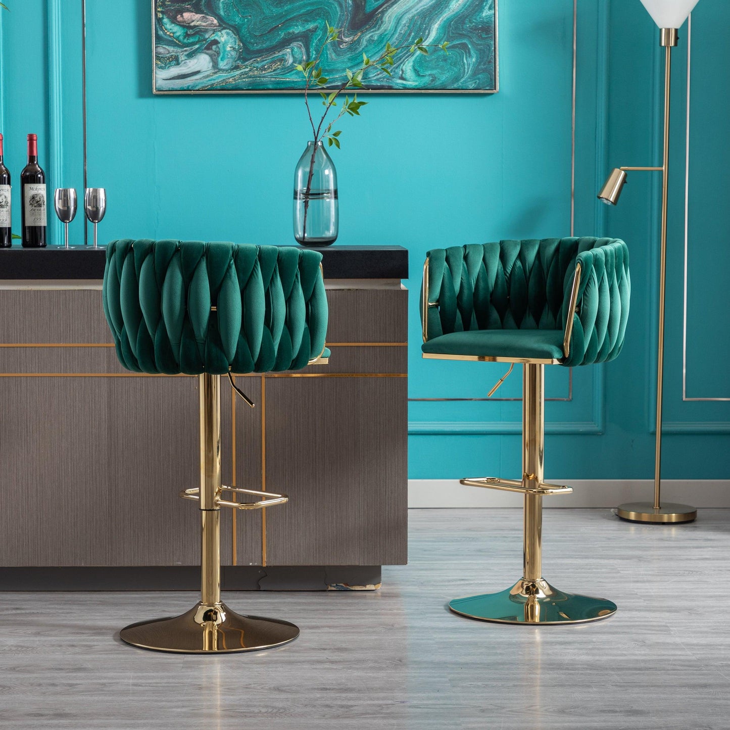 Set of 2 Bar Stools with Chrome Footrest and Base Swivel Height Velvet + Golden Leg Simple Bar Stool-Green - FurniFindUSA