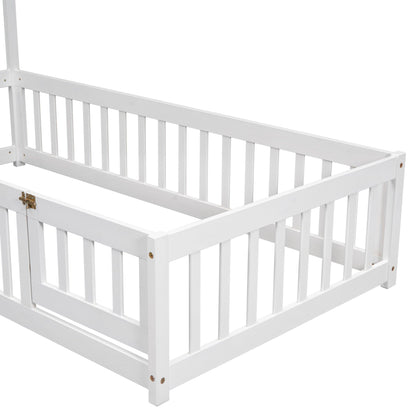 Twin House-Shaped Headboard Floor Bed with Fence White - FurniFindUSA