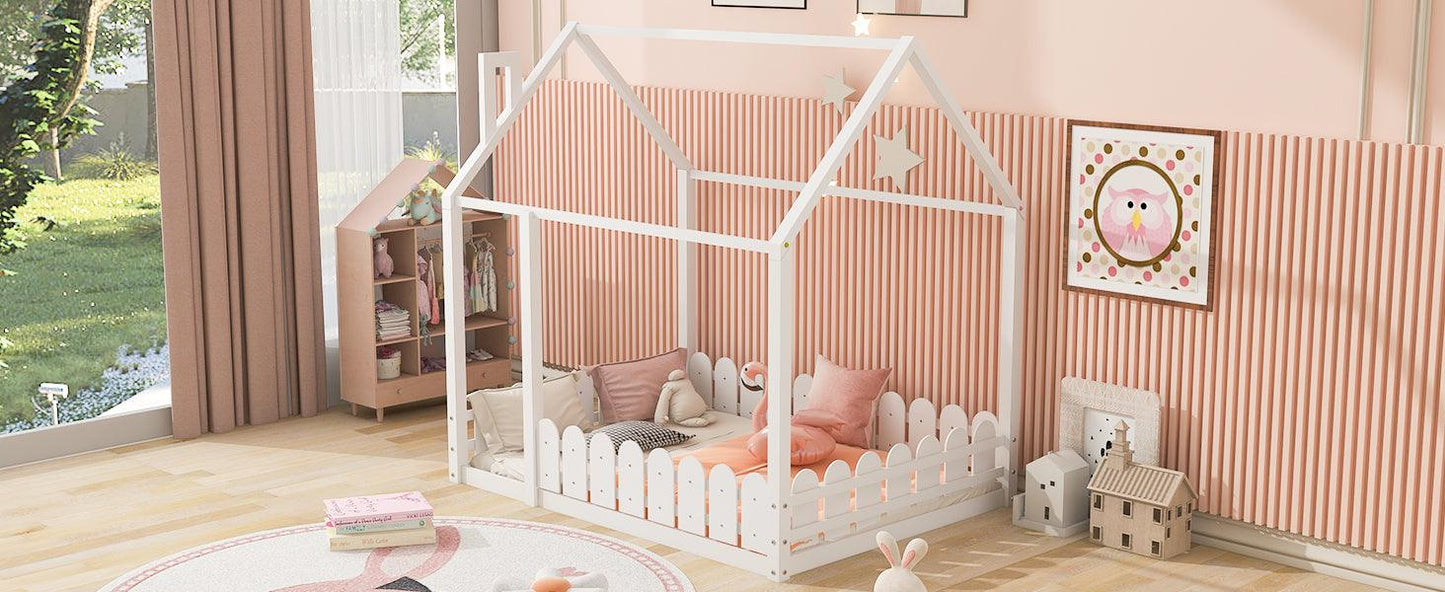 (Slats are not included) Full Size Wood Bed House Bed Frame with Fence for Kids Teens Girls Boys (White ) - FurniFindUSA