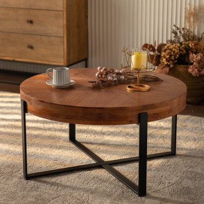 33.86"Modern Retro Splicing Round Coffee Table Fir Wood Table Top with Black Cross Legs Base - FurniFindUSA