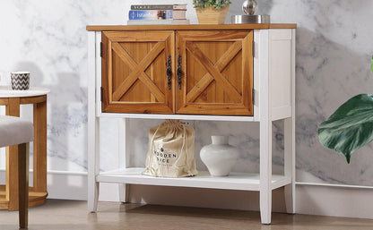 35''Farmhouse Wood Buffet Sideboard Console Table (Antique White + Natural Acacia Top & Door) - FurniFindUSA