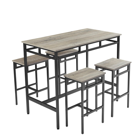 Bar table set 5PC Dinging table set with high stools structural strengthening industrial style Grey - FurniFindUSA