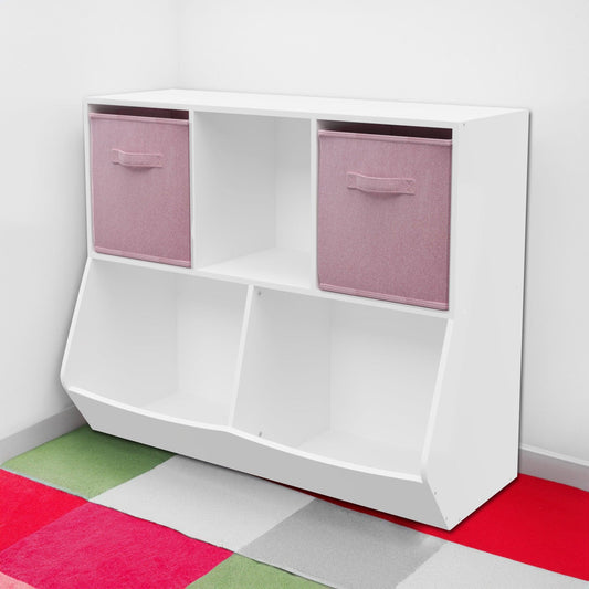 Kids Bookcase with Collapsible Fabric Drawers Children's Toy Storage Cabinet for Playroom White/Pink - FurniFindUSA