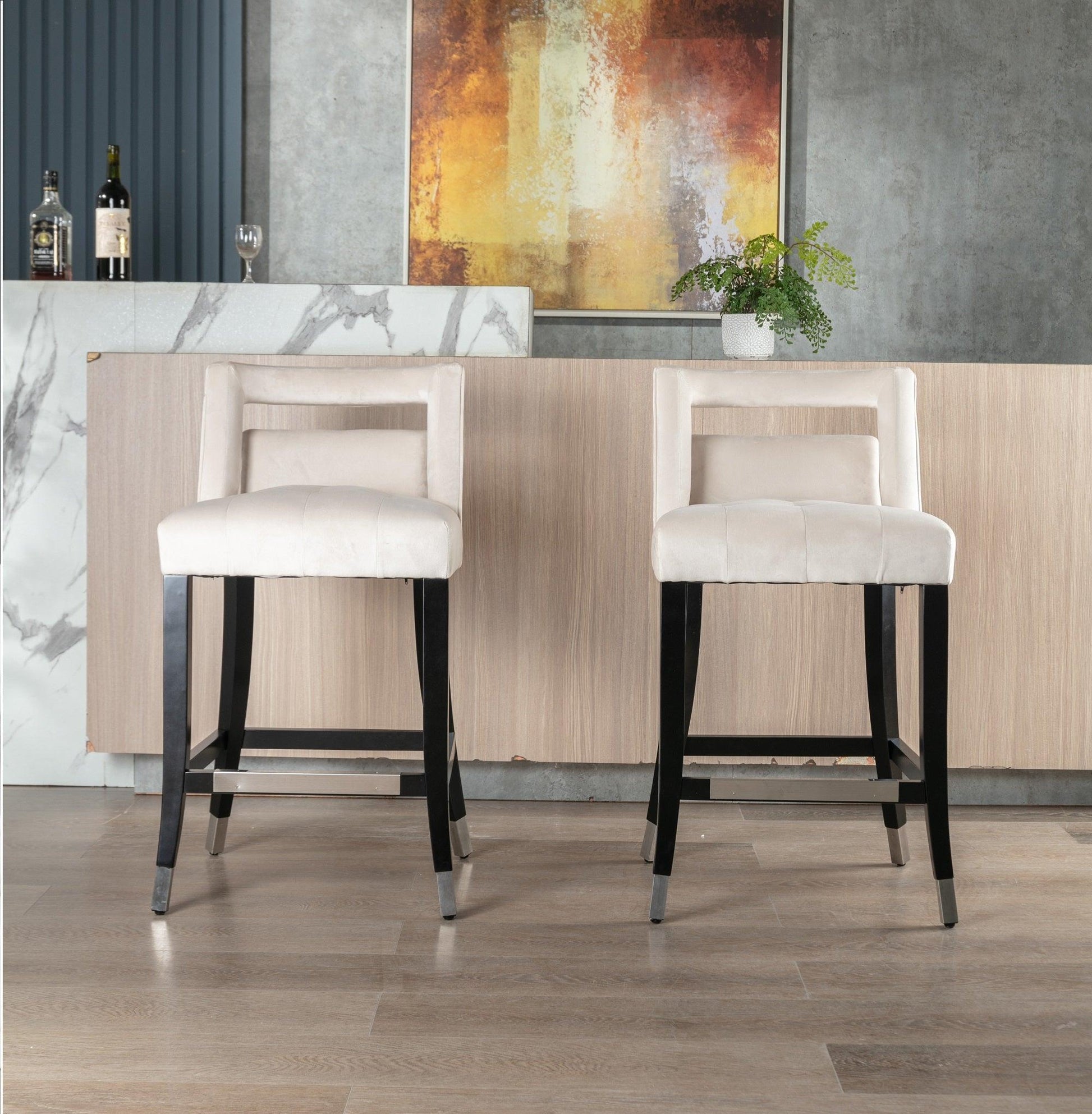 Suede Velvet Barstool with nailheads Dining Room Chair 2 pcs Set - 26 inch Seater height - FurniFindUSA