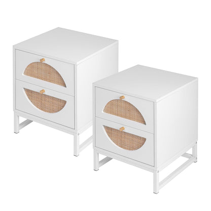 Allen 2 Drawer Nightstand Set of 2 White Natural Rattan Display Rack for Bedroom and Living Room - FurniFindUSA