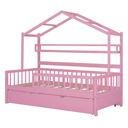 Wooden Twin Size House Bed with Trundle Kids Bed with Shelf Pink - FurniFindUSA