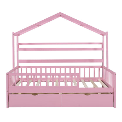 Wooden Full Size House Bed with 2 Drawers Kids Bed with Storage Shelf Pink - FurniFindUSA