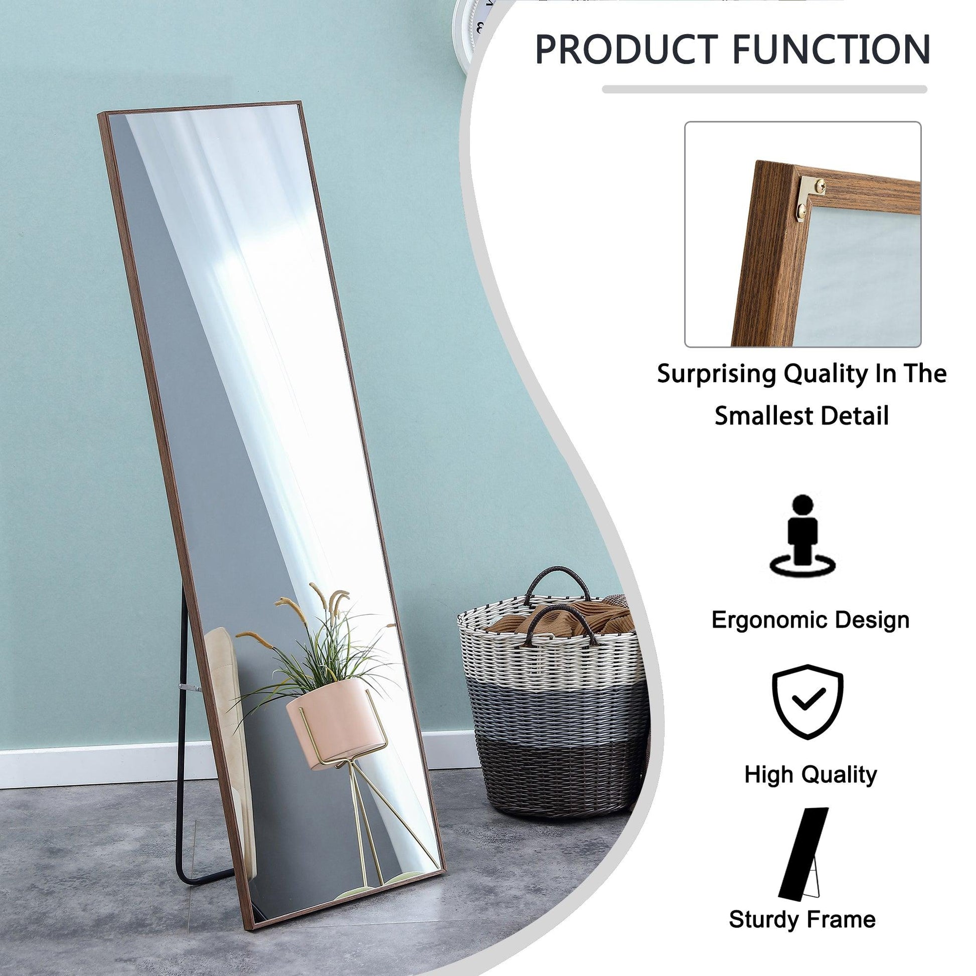 60x17 Brown Solid Wood Frame Full-length Mirror, Dressing Mirror, Bedroom Home Porch - FurniFindUSA