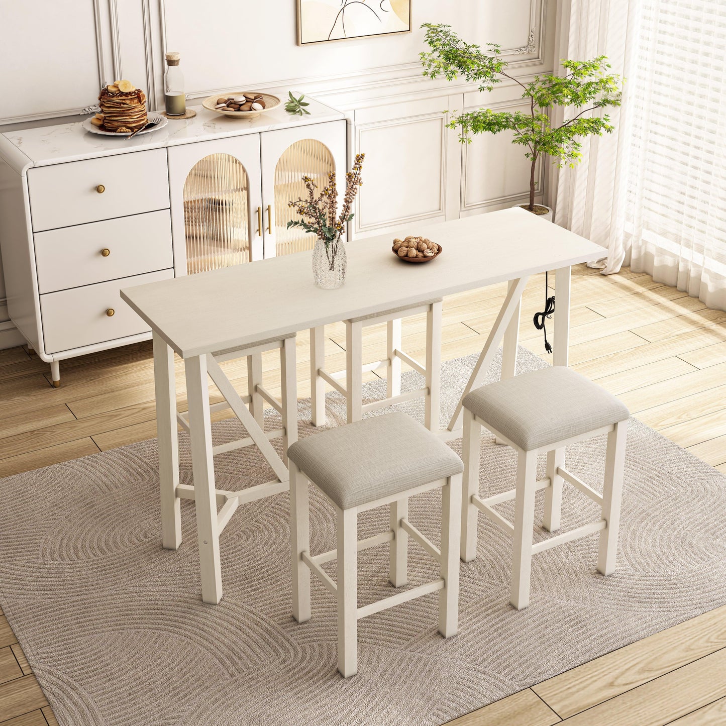 Modern 5-Piece Dining Table Set with Power Outlets Bar Kitchen Table Set with Upholstered Stools Easy Assemble Beige - FurniFindUSA