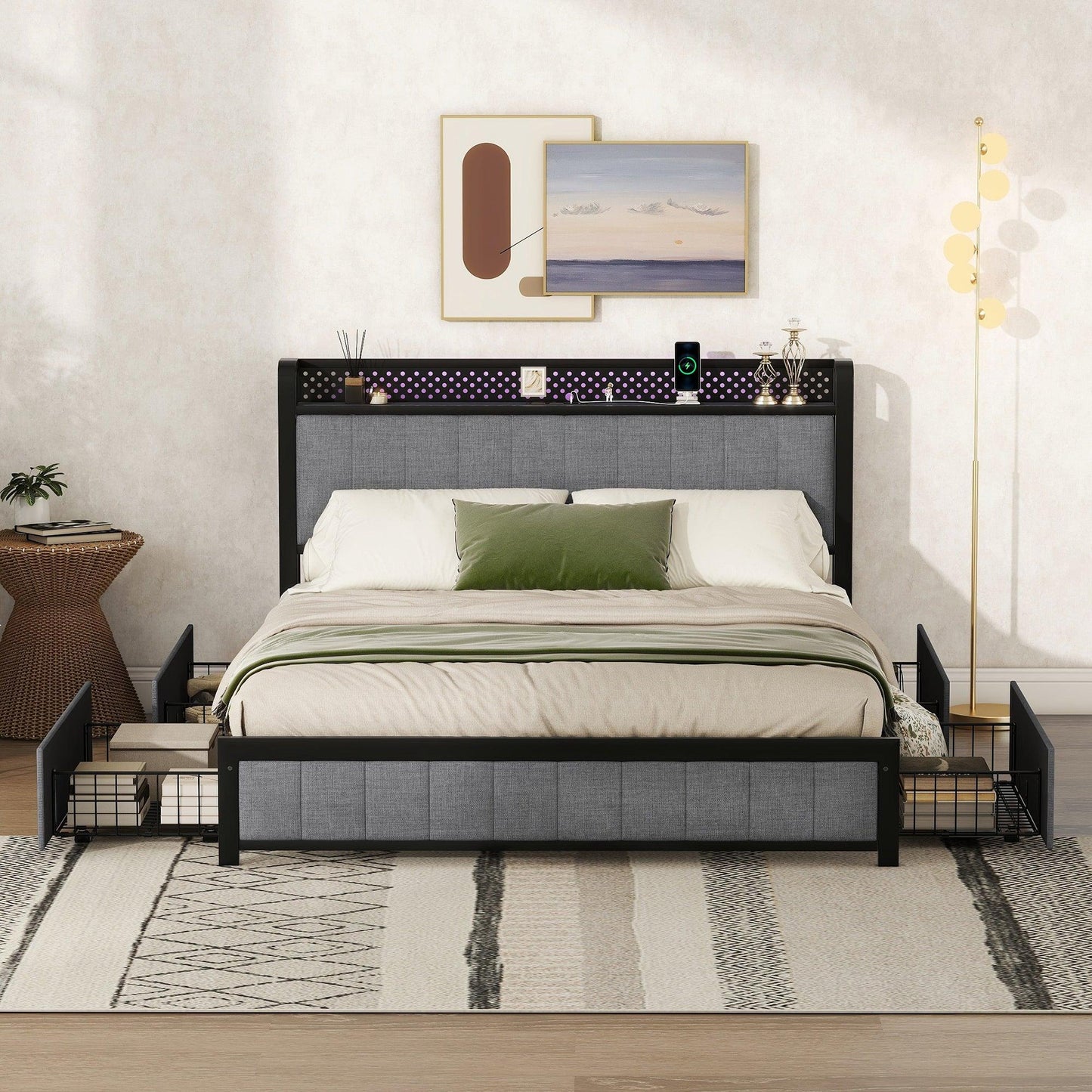 Queen Bed Frame with LED Headboard Upholstered Bed with 4 Storage Drawers and USB Ports Light Grey - FurniFindUSA