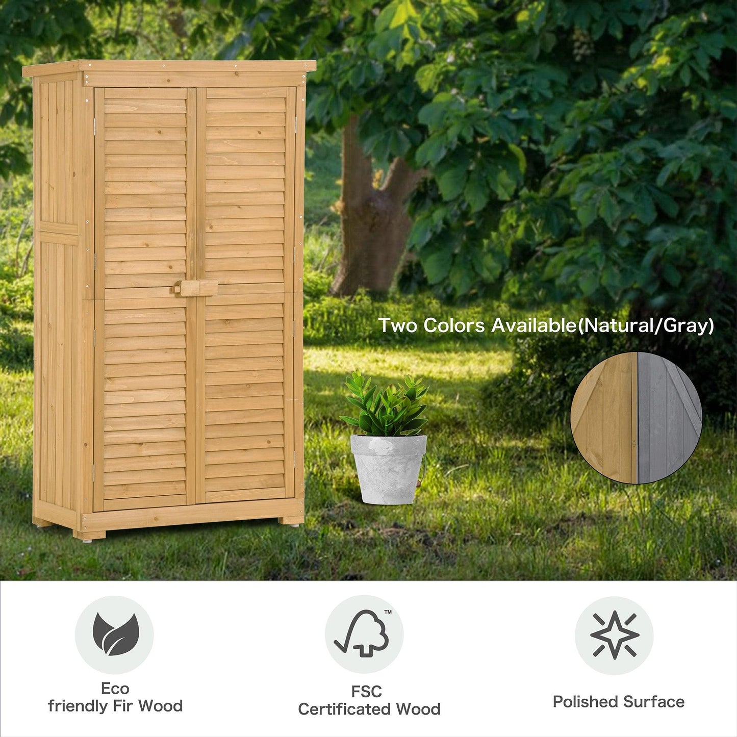 Wooden Garden Shed 3-tier Patio Storage Cabinet Outdoor Organizer Wooden Lockers with Wood (Natural Wood Color -Shutter Design) - FurniFindUSA