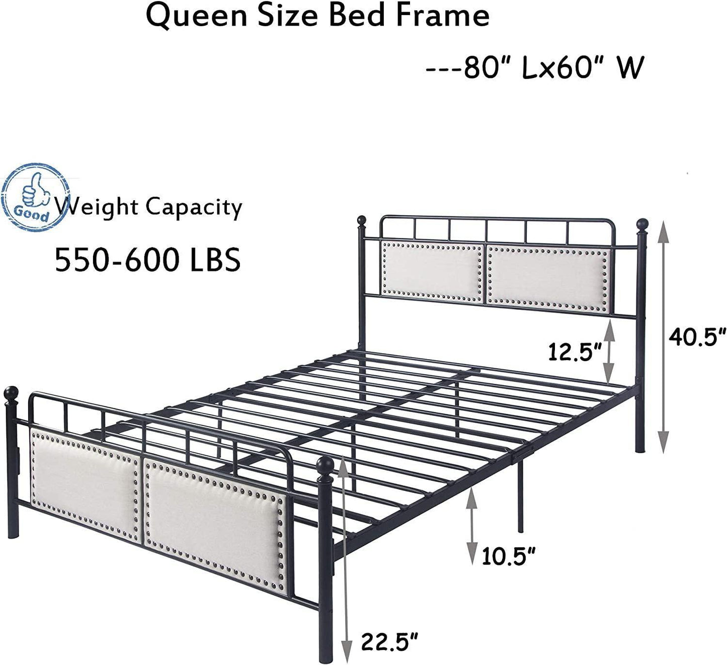 Metal Queen Bed Frame with Upholstered Headboard & Footboard Heavy Duty Platform Bed Frame Steel Sla - FurniFindUSA