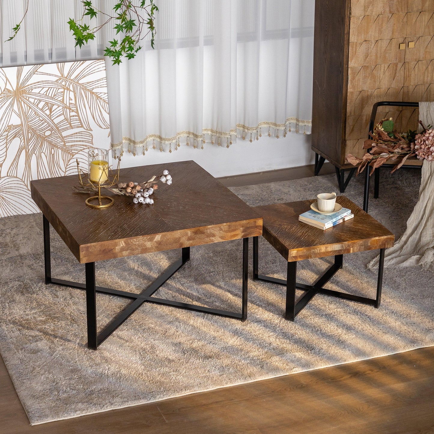 31.3"Modern Retro Splicing Square Coffee Table Fir Wood Table Top with Cross Legs Metal Base (Set of 2 pcs ) - FurniFindUSA