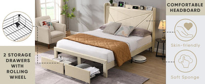 Full Size Bed Frame with 2 Storage Drawers Upholstered Bed Frame Beige - FurniFindUSA