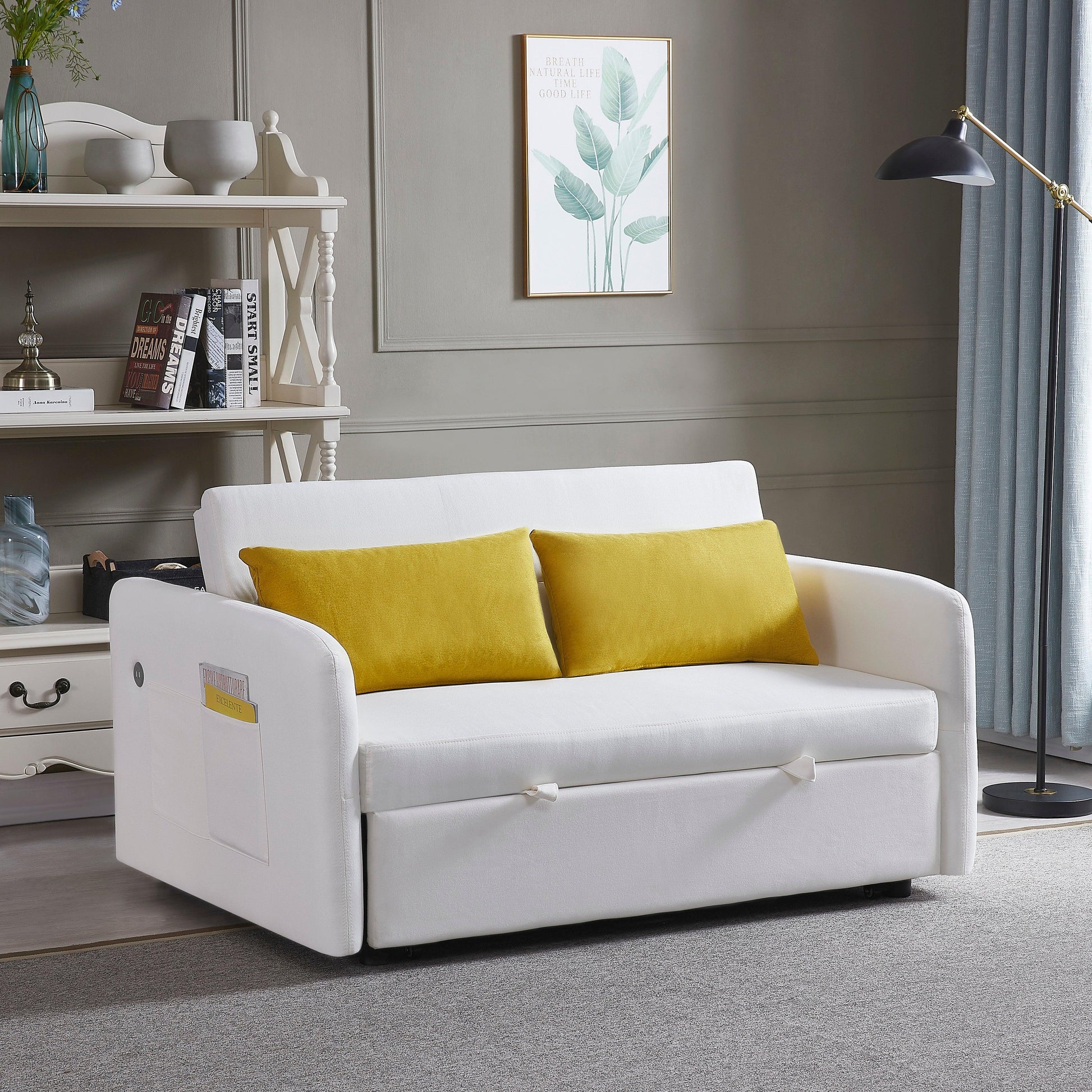 Twins Sofa Bed Cream White Fabric - FurniFindUSA