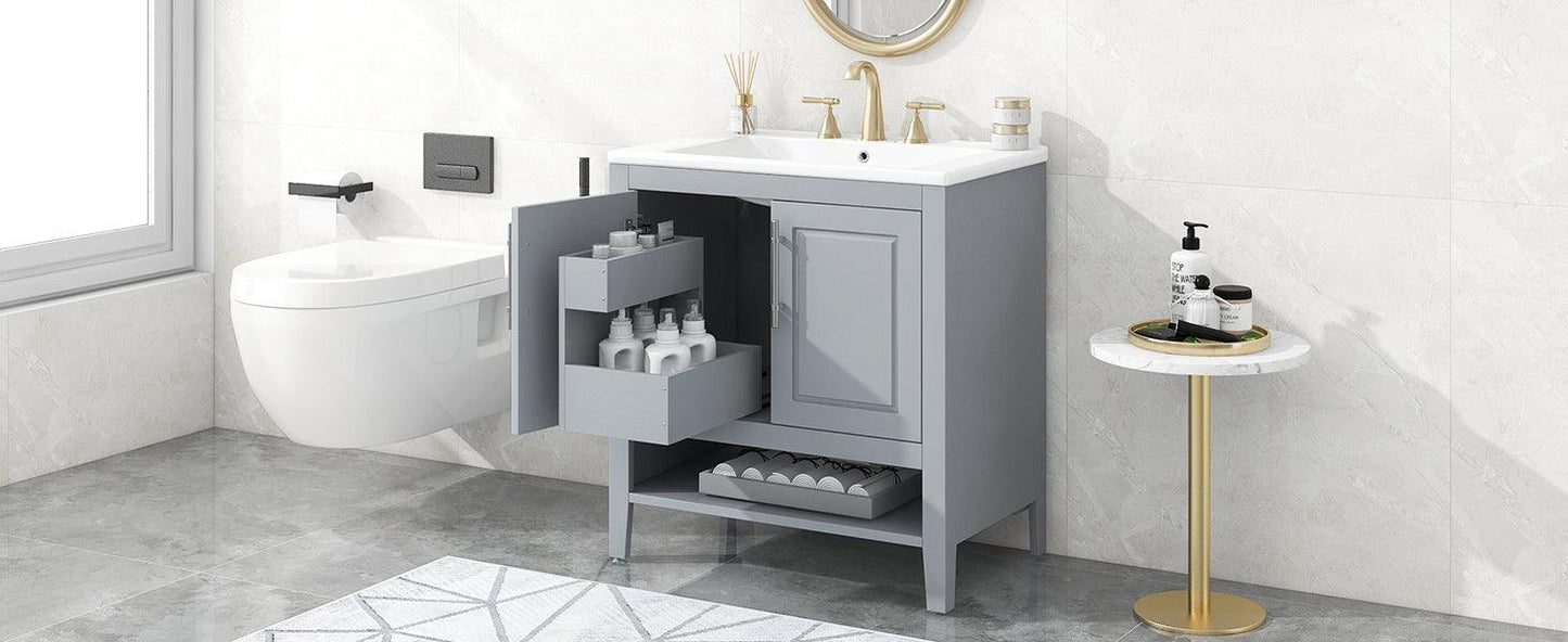 30" Bathroom Vanity with Sink, Multi-functional Bathroom Cabinet with Doors and Drawers, Solid Frame and MDF Board, Grey - FurniFindUSA