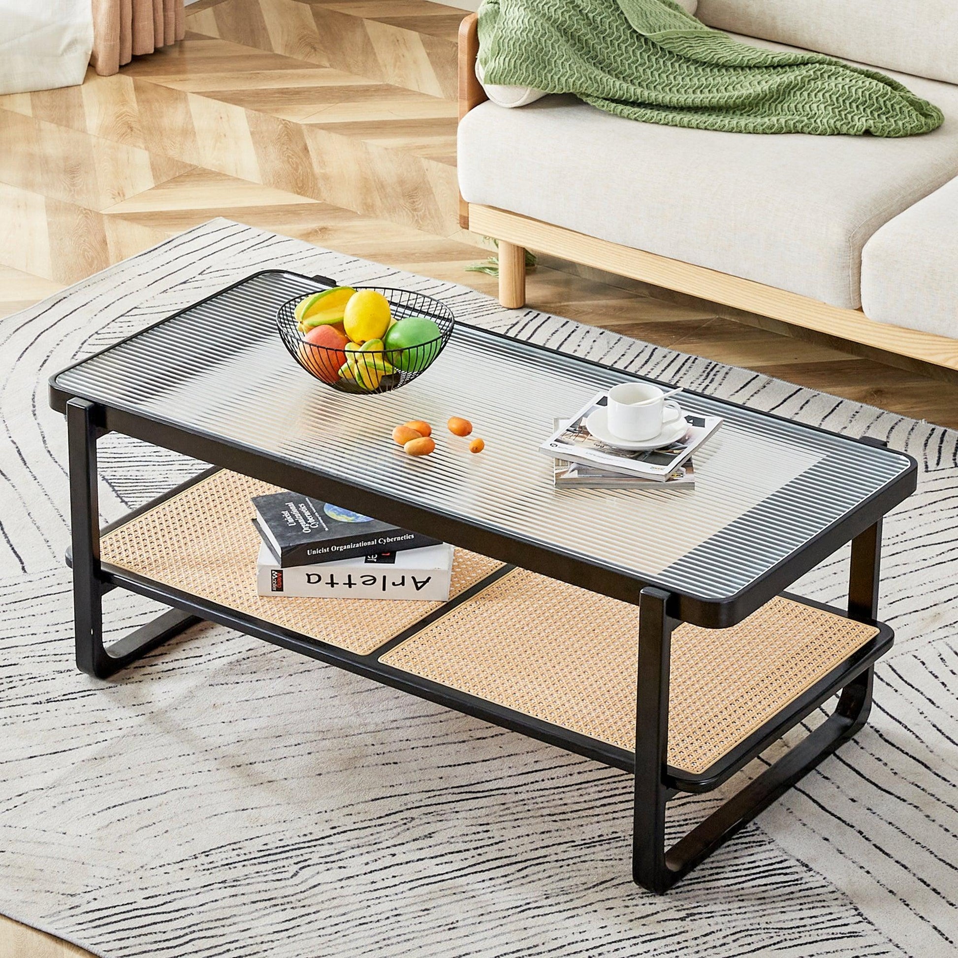 Modern minimalist rectangular double layer black solid wood imitation rattan coffee table - FurniFindUSA